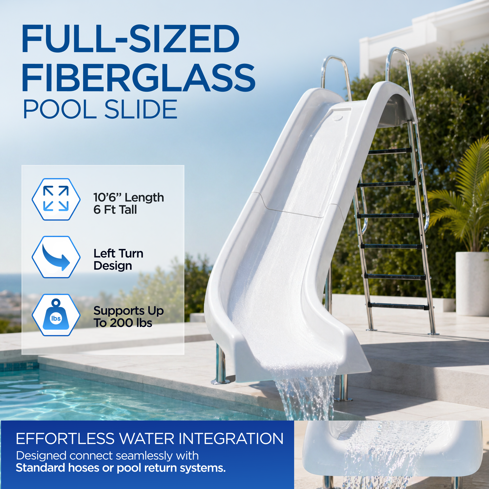 Full Size Fiberglass Pool Slide (10’6” Length, 6’ Height)