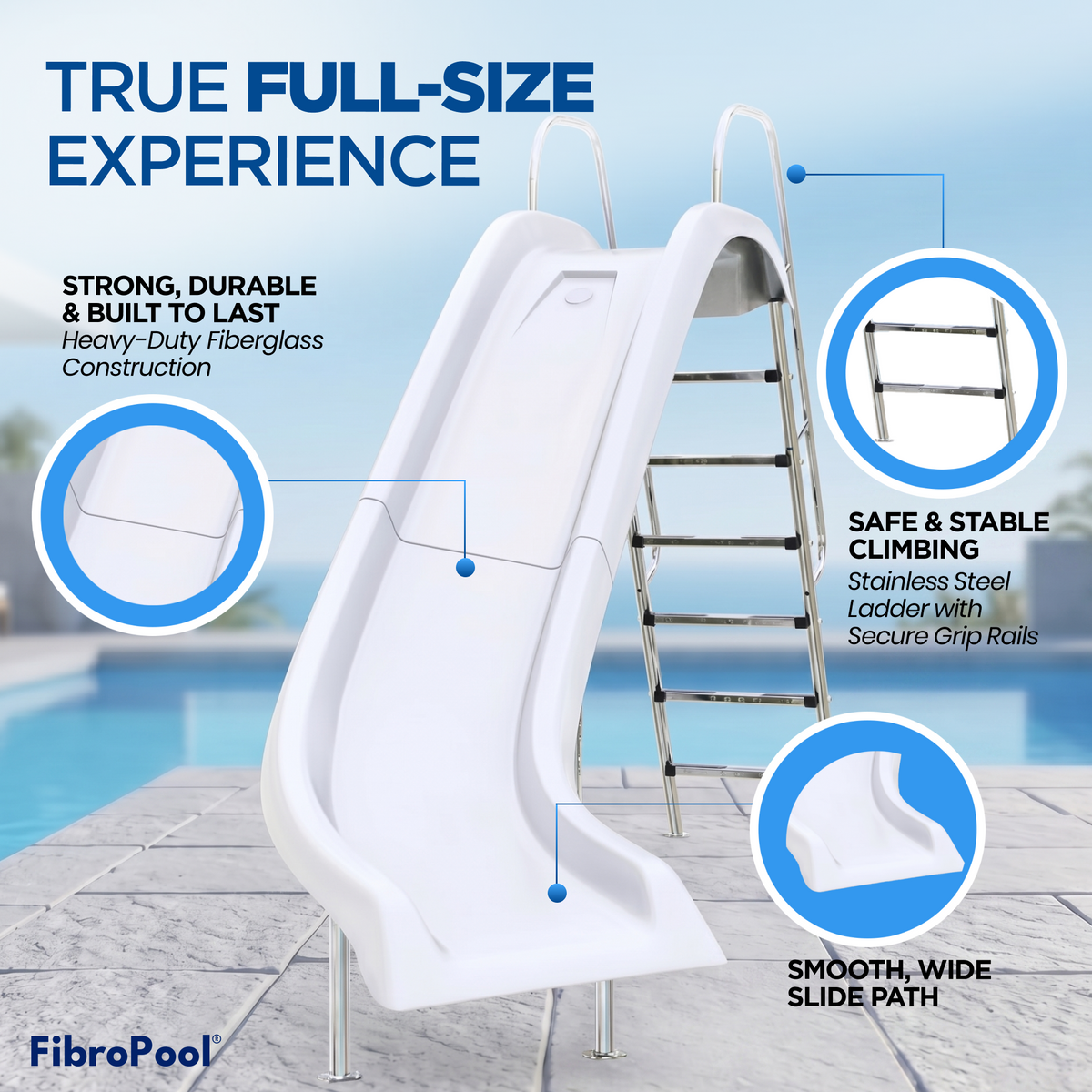 Full Size Fiberglass Pool Slide (10’6” Length, 6’ Height)
