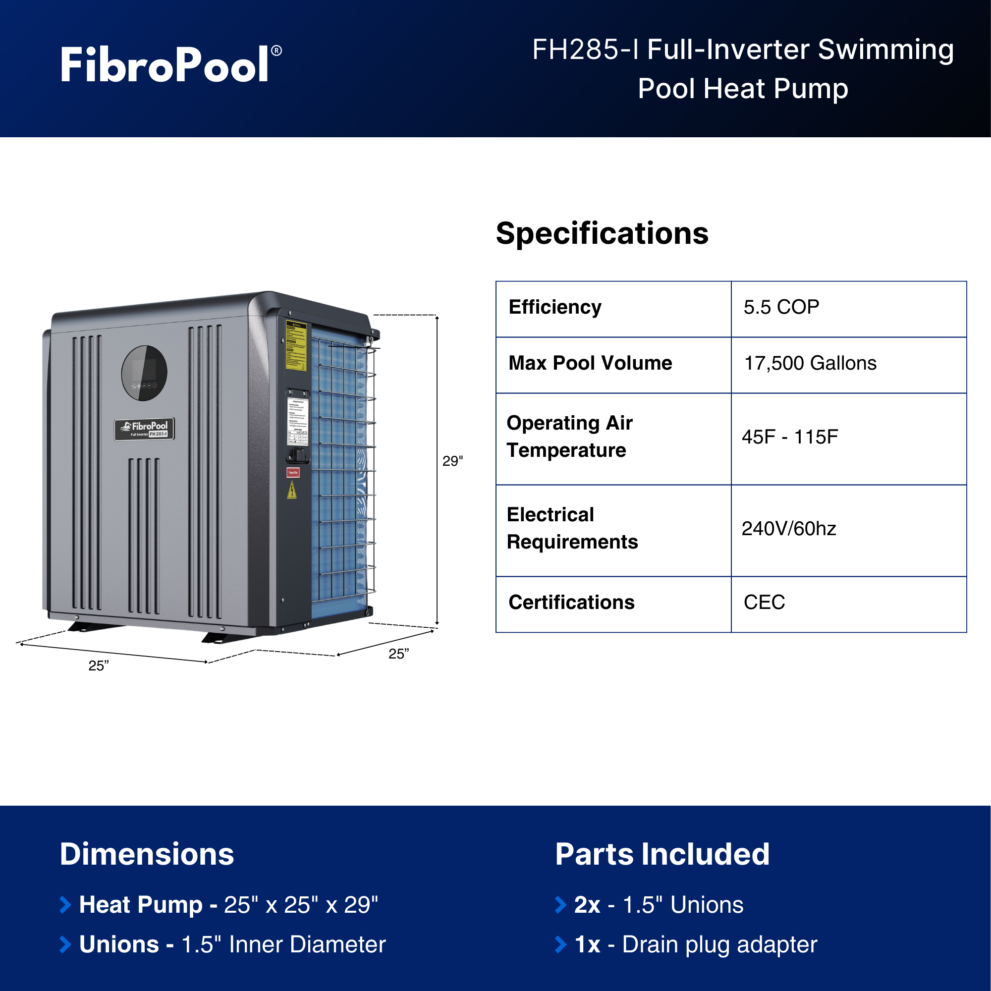 FH285-i Full Inverter Heat Pump 62,000 BTU for Pools up to 17,500 Gallons