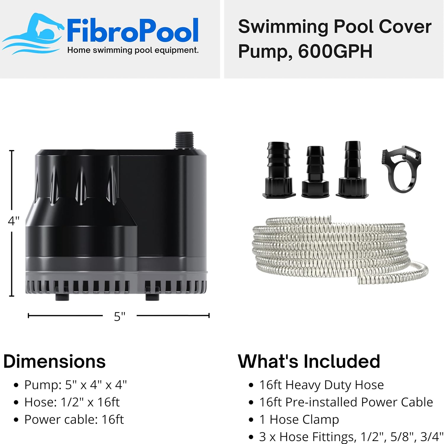 Submersible Pool Cover Pump with 16 ft Hose