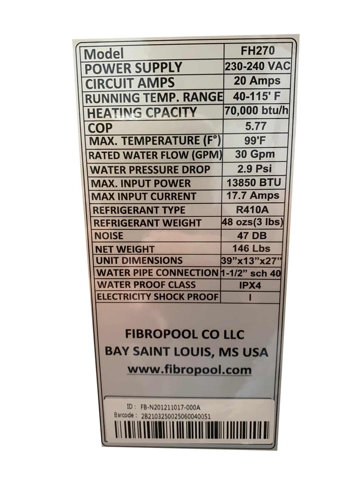 FH270 70,000 BTU 240 Volt Swimming Pool Heat Pump