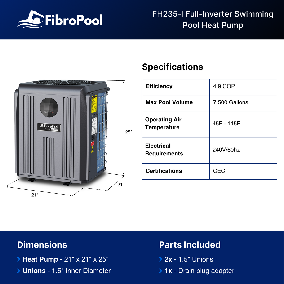 FH235-i Full Inverter Heat Pump for Pools up to 7,500 Gallons