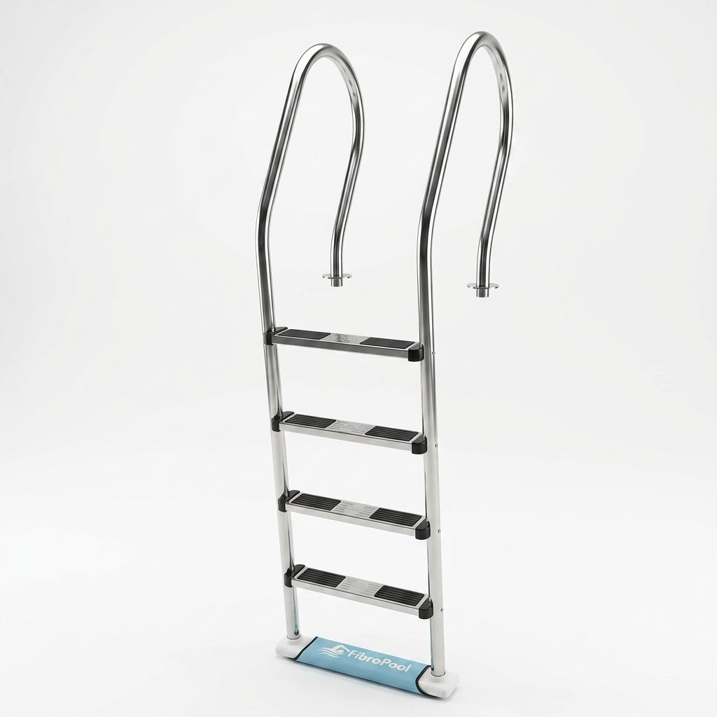 Metal ladder with FibroPool branding on a white background