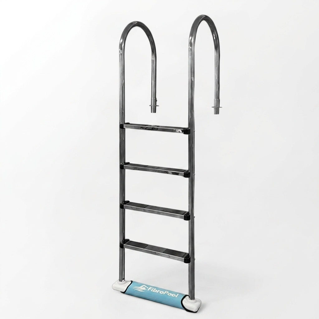 Metal ladder on a white background with FibroPool branding.